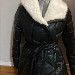 Black and White Leather Jacket with Plush Fur Collar